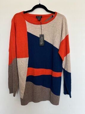 Forte Cashmere Vibrant Orange Tan Navy Geometric Color-block Sweater NWT Size XL